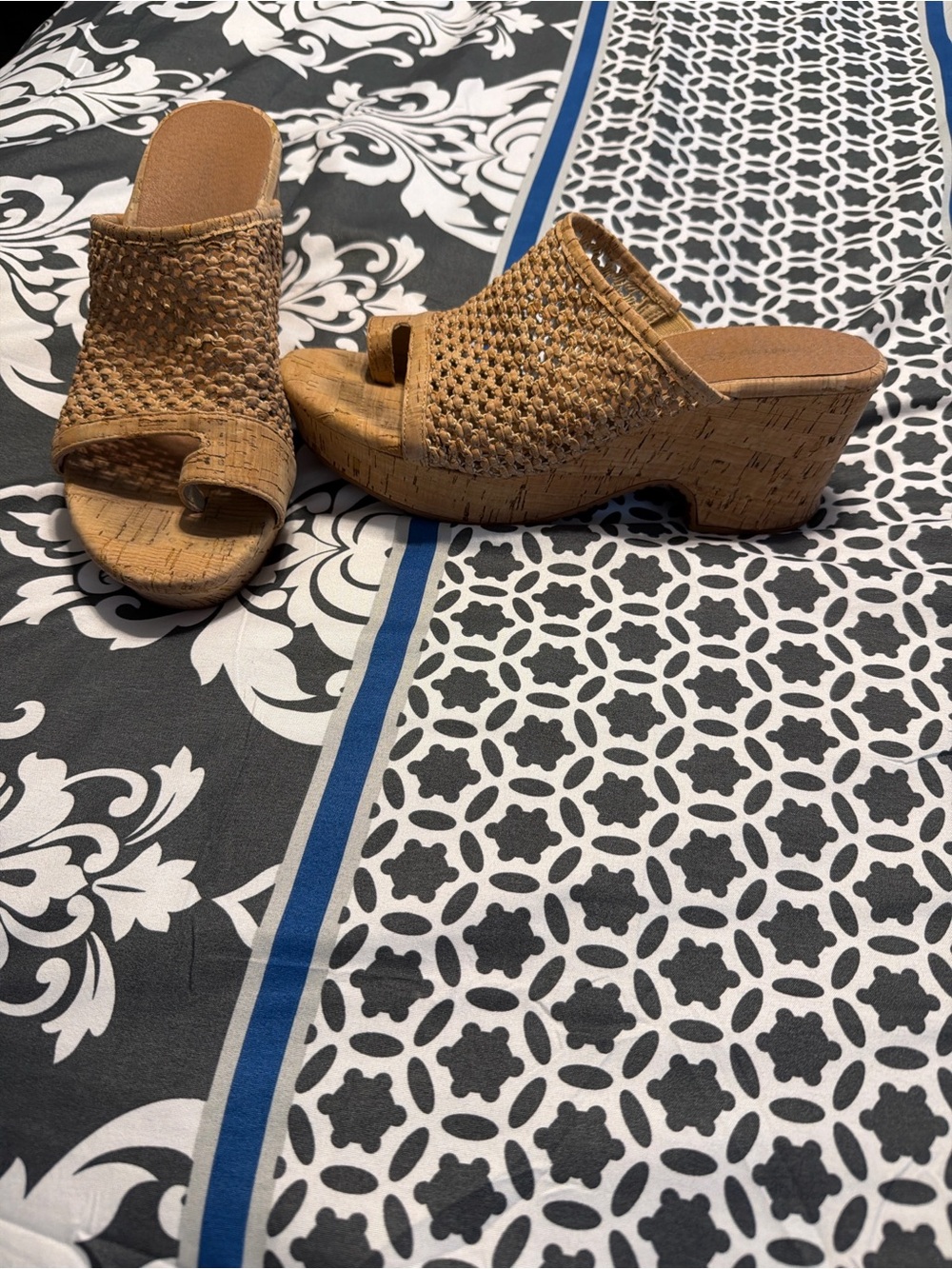 Woven Cork Slide Heels in Tan